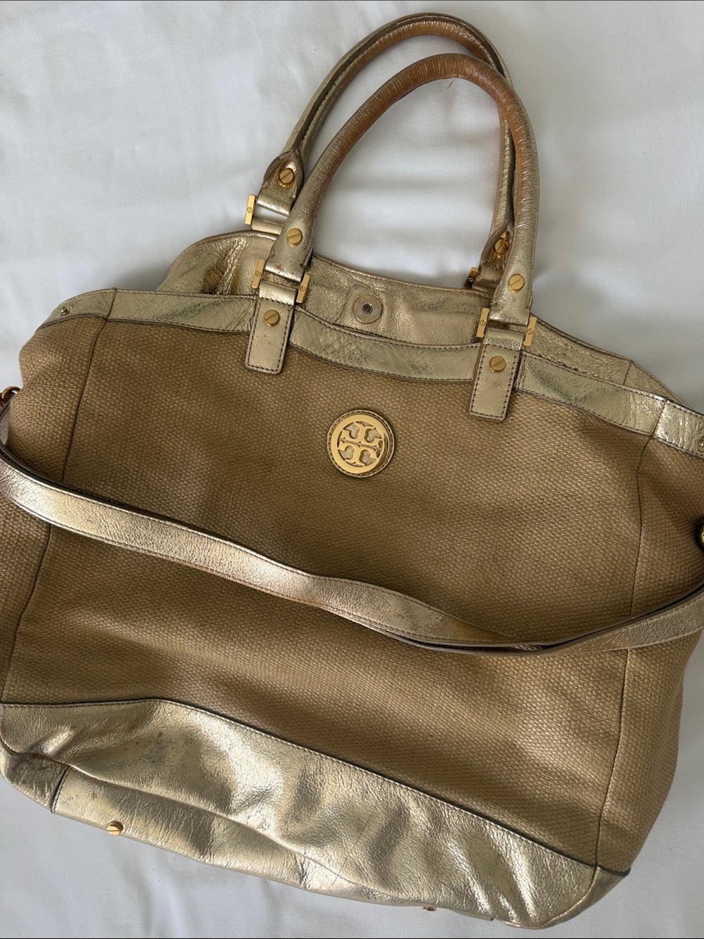 Tory Burch Metallic Gold and Tan Leather-Trim Rattan Tote Bag XL